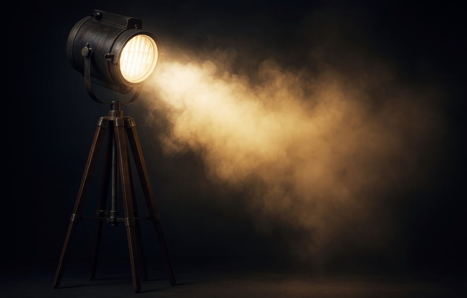 Um refletor de estilo vintage montado em um tripé de madeira, projetando um feixe de luz amarelada através de uma névoa ou fumaça em um ambiente escuro.