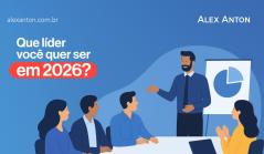 Imagem ilustrativa de uma apresentação de negócios com uma pessoa liderando uma reunião e usando uma lousa com gráfico de pizza, destacando o tema sobre liderança em 2026.