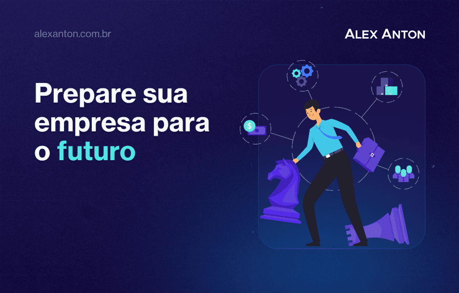 Ilustração de um homem movendo uma peça de xadrez em um cenário estratégico, acompanhada do texto 