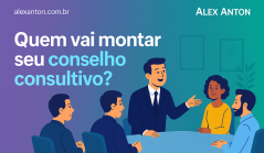 Imagem de um conselho consultivo com uma pessoa falando e ouvindo as outras ao redor de uma mesa, relacionado a aconselhamento empresarial.