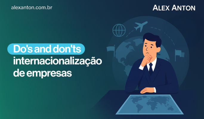 Imagem de um homem de terno pensativo diante de um tablet com mapa mundial, com elementos relacionados a negócios internacionais e internacionalização de empresas, promovendo dicas para a internacionalização de empresas.