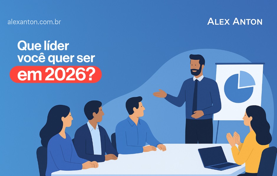Imagem ilustrativa de uma apresentação de negócios com uma pessoa liderando uma reunião e usando uma lousa com gráfico de pizza, destacando o tema sobre liderança em 2026.