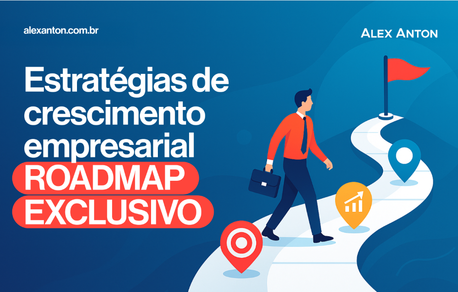 Imagem de capa de um artigo sobre estratégias de crescimento empresarial, com um homem caminhando por um caminho que leva a uma bandeira no topo, simbolizando sucesso e metas atingidas.