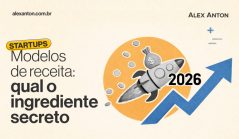Ilustração para o tema 'Modelos de receita para Startups' com o texto 'qual o ingrediente secreto' e o ano 2026.