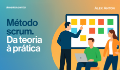 Ilustração de uma equipe de trabalho participando de uma reunião de metodologia Scrum, com um quadro de tarefas, ideal para entender o método Scrum da teoria à prática.