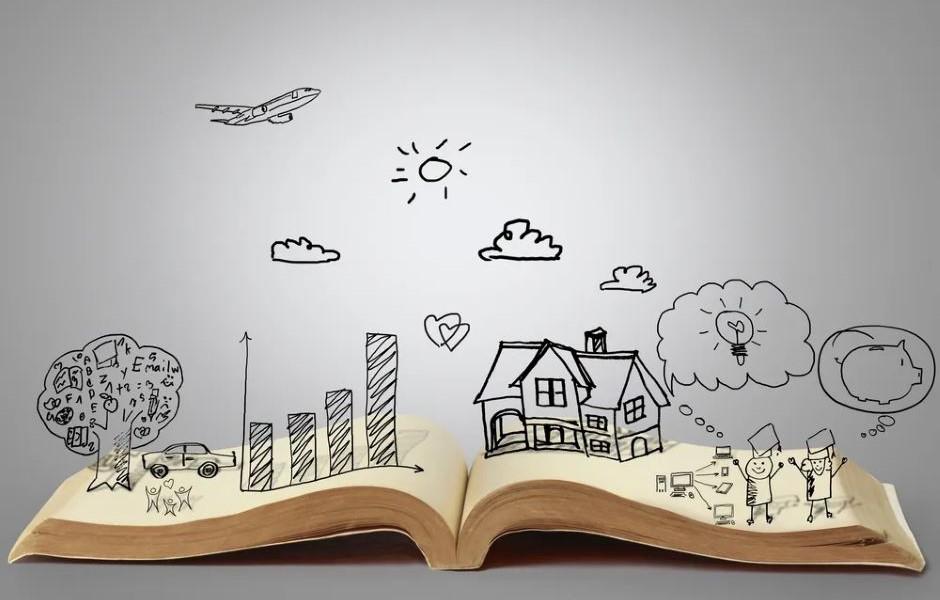 Ilustração criativa de um livro aberto de onde emergem desenhos feitos à mão representando sonhos e metas, como uma casa, gráficos de crescimento, viagem de avião, educação e investimentos.