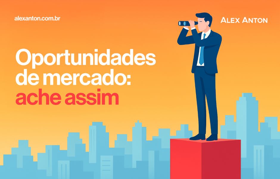 Imagem ilustrativa de um homem de terno observando longe com binóculos, simbolizando oportunidades de mercado, sobre um fundo de cidade ao pôr do sol, com destaque para o texto 'Oportunidades de mercado: ache assim'.
