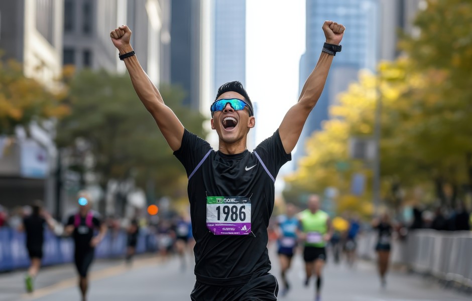 Corredor de maratona comemorando com os braços erguidos e expressão de euforia ao cruzar a linha de chegada em uma avenida cercada por prédios e outros competidores.