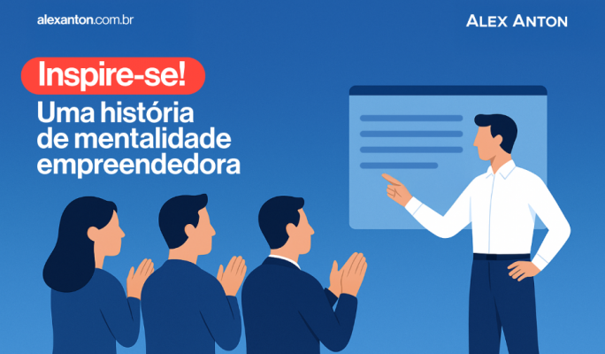 Imagem de uma palestra motivacional com um palestrante apresentando para uma plateia de três pessoas, na temática de inspiração, mentalidade empreendedora e liderança.