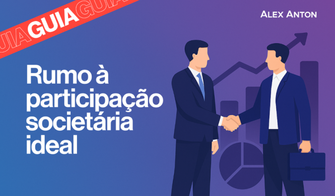 Imagem de duas pessoas de terno apertando as mãos em um ambiente de negócios, com gráficos de crescimento ao fundo, representando o rumo à participação societária ideal.