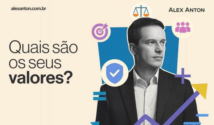 Homem de terno preto e camisa branca olhando para o lado, com elementos gráficos de justiça, metas, proteção e crescimento ao redor, relacionado à pergunta 'Quais são os seus valores?'