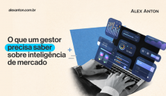 Banner do Alex Anton sobre inteligência de mercado, com mãos no notebook e dashboards analíticos flutuando ao redor da tela.