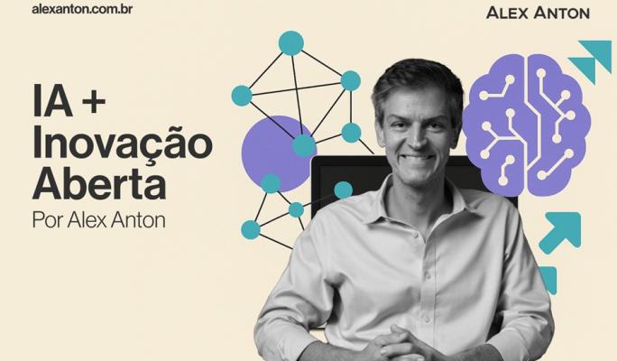 Imagem de Alex Anton, especialista em IA e inovação aberta, mostrando seu trabalho com tecnologia e inteligência artificial, com elementos gráficos modernos ao fundo.