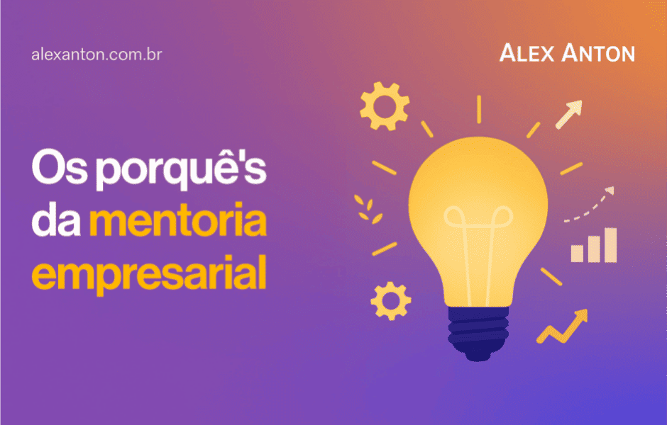 Imagem ilustrativa sobre os motivos da mentoria empresarial, com destaque para lâmpada e elementos gráficos de crescimento e inovação, relacionado ao tema de mentoria empresarial.