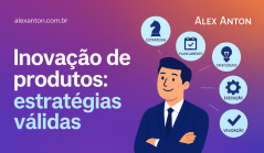 Imagem ilustrativa de um homem de terno representando estratégias válidas de inovação de produtos, incluindo elementos de planejamento, criatividade, execução e validação, com fundo colorido de gradiente roxo e rosa. Ideal para conteúdo relacionado a estratégias de inovação e desenvolvimento de produtos.