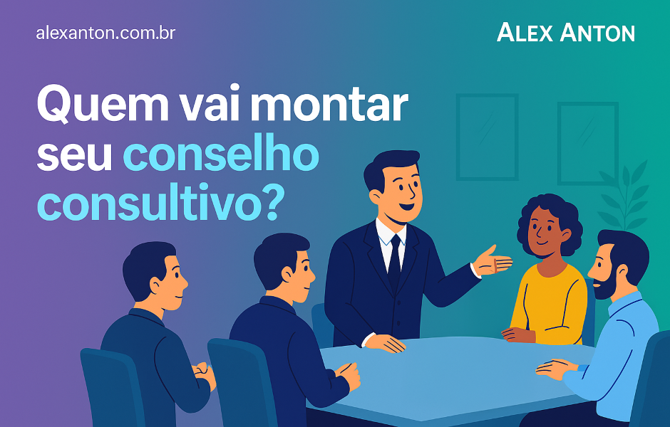Imagem de um conselho consultivo com uma pessoa falando e ouvindo as outras ao redor de uma mesa, relacionado a aconselhamento empresarial.