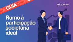 Imagem de duas pessoas de terno apertando as mãos em um ambiente de negócios, com gráficos de crescimento ao fundo, representando o rumo à participação societária ideal.
