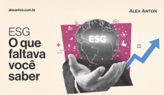 Banner do Alex Anton sobre ESG, com uma mão segurando um globo terrestre iluminado com a sigla ESG e seta de crescimento azul ao lado.