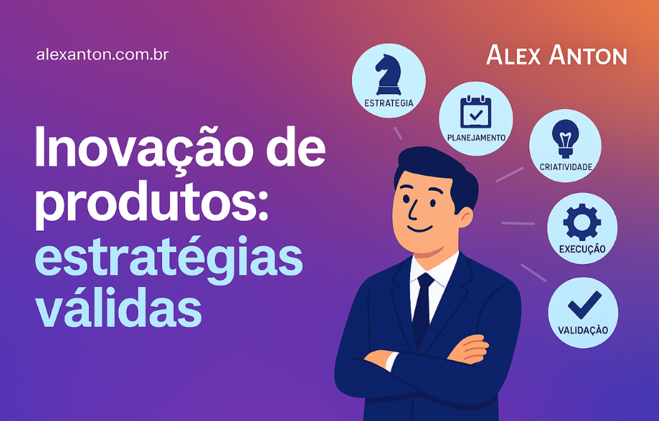 Imagem ilustrativa de um homem de terno representando estratégias válidas de inovação de produtos, incluindo elementos de planejamento, criatividade, execução e validação, com fundo colorido de gradiente roxo e rosa. Ideal para conteúdo relacionado a estratégias de inovação e desenvolvimento de produtos.