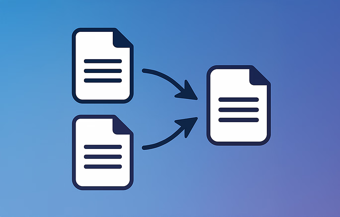 Ícone ilustrando dois documentos sendo mesclados em um único, simbolizando consolidação ou transferência de arquivos.
