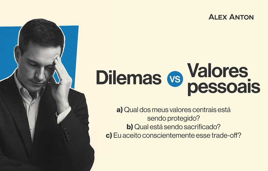 Imagem de um homem pensativo, relacionado ao tema dilemas versus valores pessoais, com foco em autoavaliação de valores e tomada de decisão.